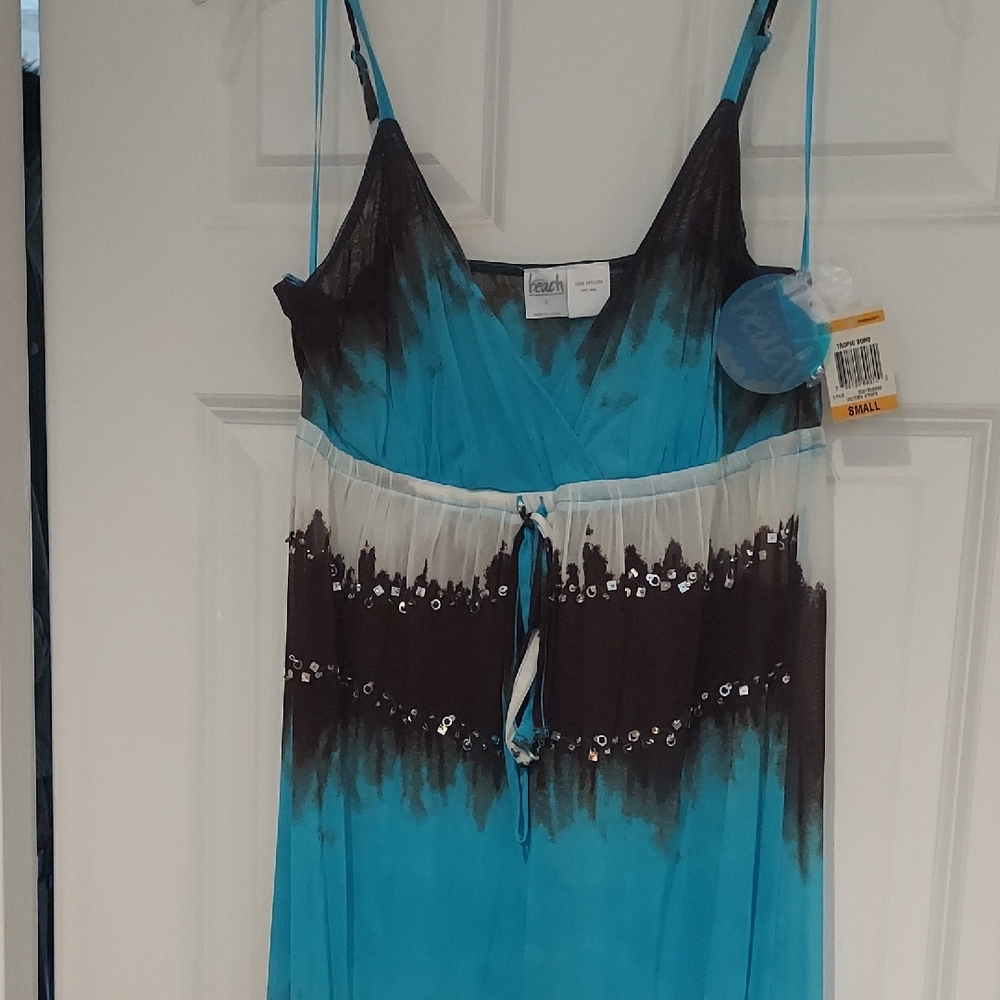 INC Beach Teal and Brown Spaghetti Strap Maxi Cover-up Size S